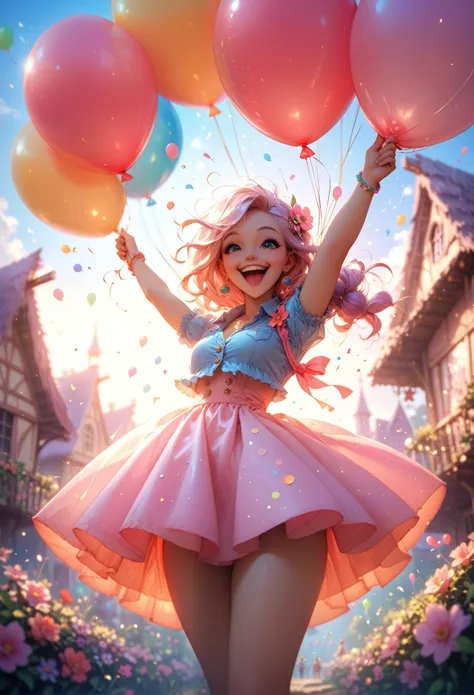 Girl with a zoo, lots of balloons, happy, happy, perfect quality, clear focus (mess-house: 0.8), (masterpiece: 1.2) (Realistic: 1.2) (hips) (Best quality) (detailed skin: 1.3) (complex details) (8 k) (eye details) (clear focus), (happy)