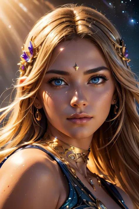 detailed goddess face, beautiful eyes, planets, stars, galaxy, sun rays, dramatic lighting, vibrant colors, (best quality,4k,8k,highres,masterpiece:1.2),ultra-detailed,(realistic,photorealistic,photo-realistic:1.37),fantasy,digital art,concept art,cinemati...