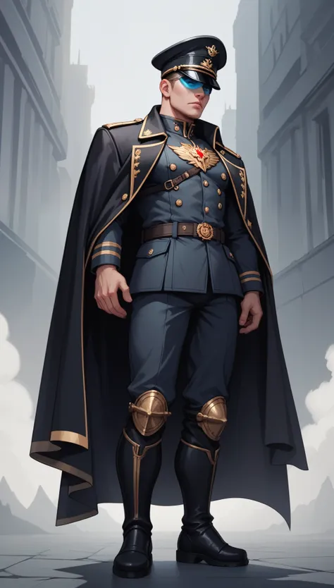 A towering male figure with a broad, muscular physique, draped in a long, dark cloak with a high, imposing collar. His presence is commanding and authoritarian, his black military cap with a sharp, polished visor casting a shadow over his stern, chiseled f...