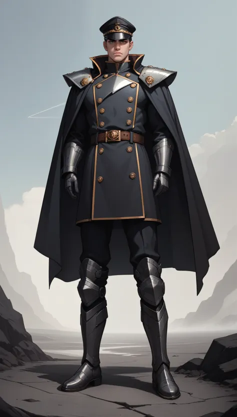 A male character with a large, imposing physique, exuding authority and power. He wears a long, dark cloak with a high collar that conceals part of his face, adding to his mysterious and commanding presence. The cloak is made from heavy, durable fabric wit...