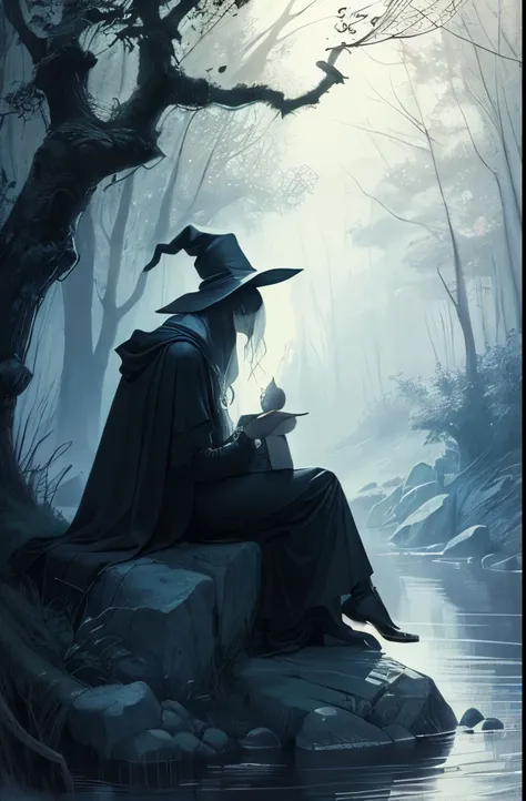 arafed image of a person sitting on a rock near a river, an etching by Randolph Schwabe, tumblr, gothic art, witch, a witch, witchy, witch in the woods, dark robed witch, # mist # horror # magic # spell, john kenn mortensen, classical witch, eerie and grim...