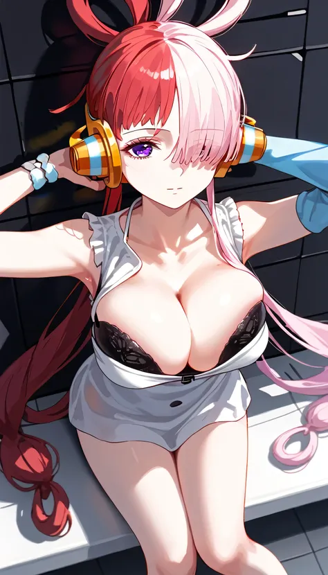 Score up 9, score up 8, score up 7,1girl, medium big breast, sitting, Uta, purple eyes, long hair, split-color hair, hair over one eye, hair rings, headphones, blossom, black bra under breast, collarbone, armpits, ,from above view, Breast squeeze:1.5, Lean...