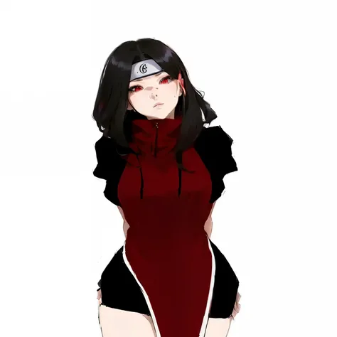 a drawing of a woman in a red dress with a hoodie, itatchi uchiha, akatsuki akira, inspired by Maki Haku, kunoichi, nezuko, female anime character, hinata hyuga, inspired by Kusumi Morikage, nezuko-chan, as an anime character, an anime girl, naked, sexy