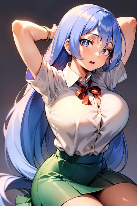 nejire hado, 1girl, solo, long hair, breasts, looking at viewer, open mouth, blue eyes, skirt, large breasts, simple background, shirt, white background, blue hair, white shirt, short sleeves, thighs, collared shirt, arm up, thick thighs, green skirt, arm ...