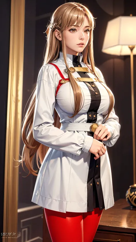 (（（Perfect body,White and tender skin,（（（uniform, jacket, long sleeves,  belt, pantyhose）））,(（（ccasuna, long hair, brown hair, brown eyes, ））),((masterpiece)),highres,((Best quality at best)),masterpiece,quality,Best quality,(（（ Exquisite facial features,L...