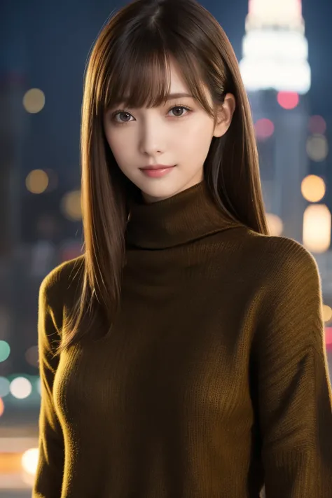 a girl, (Dark yellow turtleneck thin sweater), Original photo, Best Quality, Realistic, very delicate and beautiful, Very detailed, 8K wallpaper, High resolutionsoft light, Very detailed目と顔, delicate nose, Detailed and beautiful eyes, cinematic lighting, c...