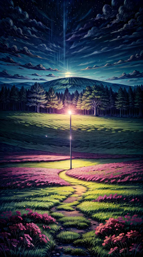 A meadow at night with tall grass and wildflowers. Fireflies glow throughout the field, creating an enchanting scene under the starry sky.