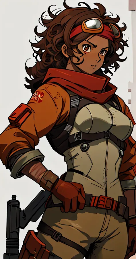 a female anime character, that have tan skin, curly hair, brown eyes, goggles on head, bandana, tuff, futuristic red hunter suit, post-apocalyptic background 