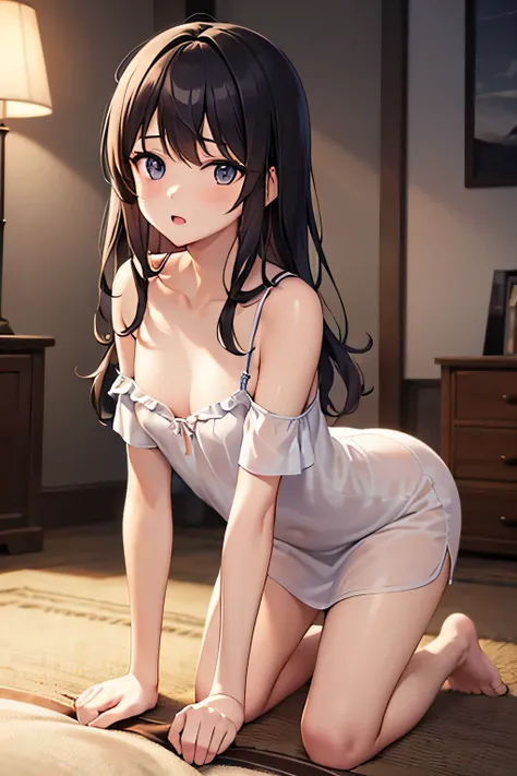 Young girl, anime teen, little teen, cute little teen, hentai, in possession leaning forward, breasts small, tiny breasts, Flat Breast, loose clothes, loose blouse, loose clothing, fluid clothing, wavy clothes, clothes showing the breasts clothes open at t...