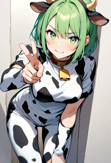 solo, ,Green short hair,Green Eyes,Small corner,Cow print clothes,male,Finger Peace