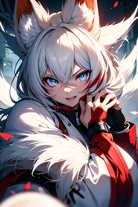 kitsune, splash art, white and red fur, blue eyes, big claws, cute eyes, showing teeths