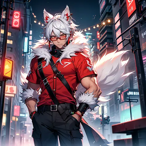 4k, neon city, muscular kitsune, white fur, red glowing eyes, ear piercings, rings, red short shirt, black cargo pants, glasses, mu