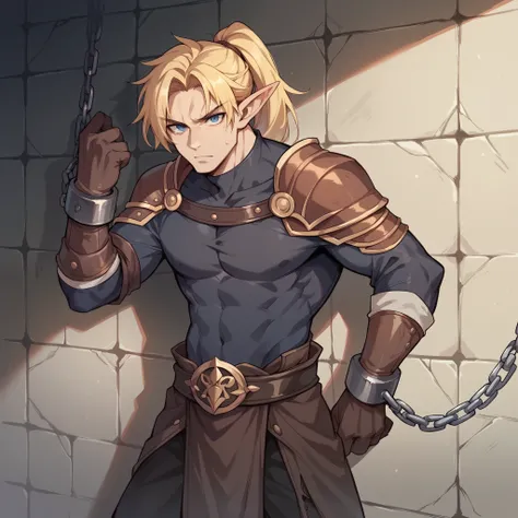 A male elf with long blonde hair in a ponytail and blue eyes in assassin clothes has his hands chained against a wall in a dark dungeon. he is looking at you.