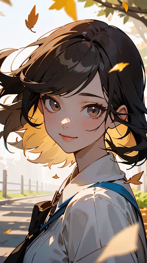 ((Best Quality)), ((masterpiece)), (detailed), One girl,Almond Eye,Walking along a path covered with falling leaves, Your smile touches my heart, The words carried on the wind did not reach, I just stare ,Close up of face
