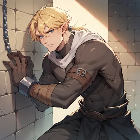 A male elf with long blonde hair in a ponytail and blue eyes in assassin clothes has his hands chained against a wall in a dark dungeon. he is looking at you.