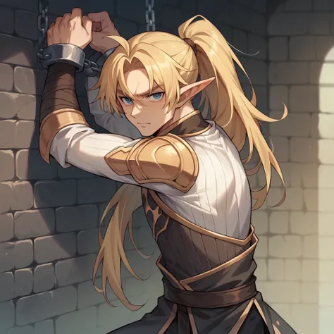 A male elf with long blonde hair in a ponytail and blue eyes in assassin clothes has his hands chained against a wall in a dark dungeon. he is looking at you.