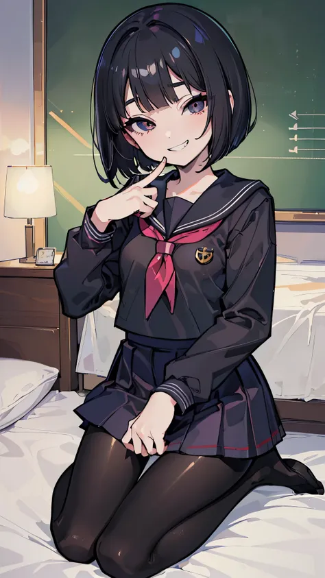 ((masterpiece、Best Quality、Very detailed))、One person、Black Hair、bob cut、Grey Eyes、evil smile、((Grin))、((Small breasts))、((school uniform))、((sailor suit))、((micro miniskirt))、((black pantyhose))、kneeling、On the bed、Bedroom Background