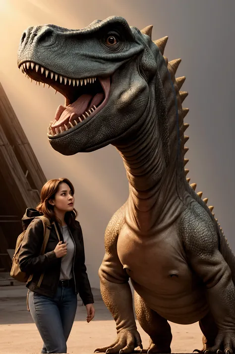 A dinosaur,  sneeking up on a woman