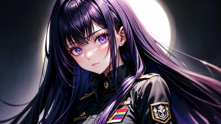 (night)(gloomy)(female)(black Military uniform)(black long hair)(Purple Eyes)(Give up)