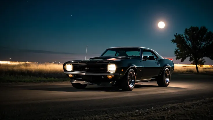 On a moonlit night, a black 1969 Chevrolet Camaro with two white stripes runs alone.