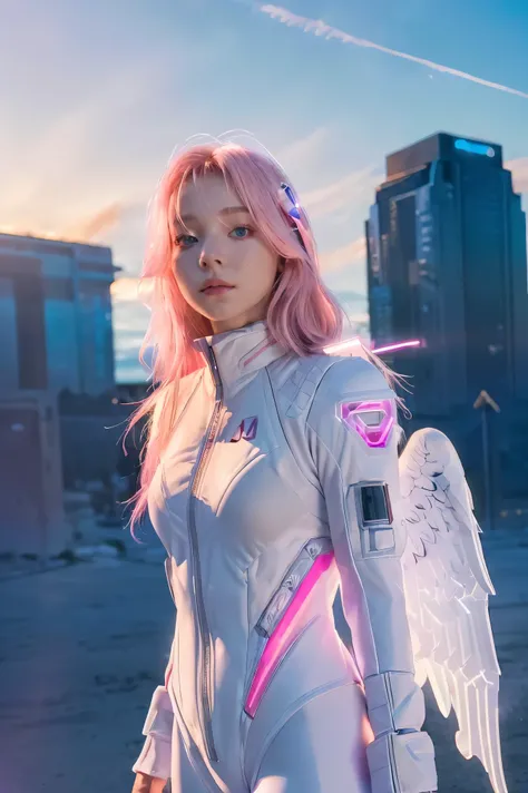 ((masterpiece, best quality, extremely detailed), volumetric lighting, ambient occlusion, colorful, glowing), 1girl, solo, young girl, (pink hair), long hair, halo, aura, sacred, godness, cyber suit, (white outfit:1.3), android, bot, angel wings, outdoors,...