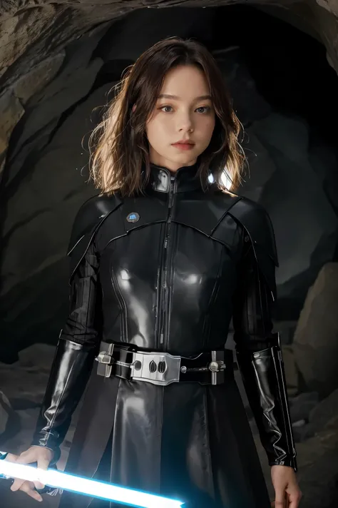 Upper body close-up image.A beautiful woman with a lightsaber stands in a spacious cave. Dark brown hair. long hair.She wears a black metallic battle uniform. There is something on the waist that reminds me of Kamen Riders transformation belt. 8K image qua...