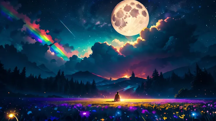 A wide landscape photo, (viewed from below, the sky with rainbow is above, and the open field is below), an anime girl sitting on colorful flowers field looking up, (full moon: 1.2), (rainbow clouds: 0.9), (rainbow: 1.3), distant mountains , shooting stars...