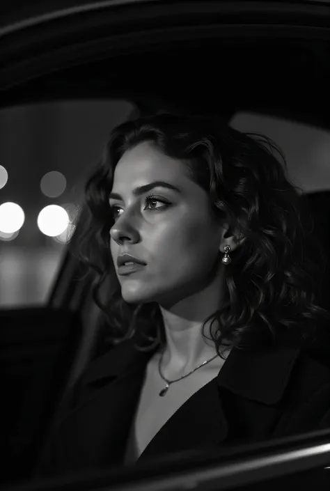 A black and white pic of Ana, a young curly woman, slightly off-center, with a contemplative expression, lit from the left side, creating a dramatic effect and strong contrasts, driving at night, resulting in a moody and atmospheric tone, highlighting the ...