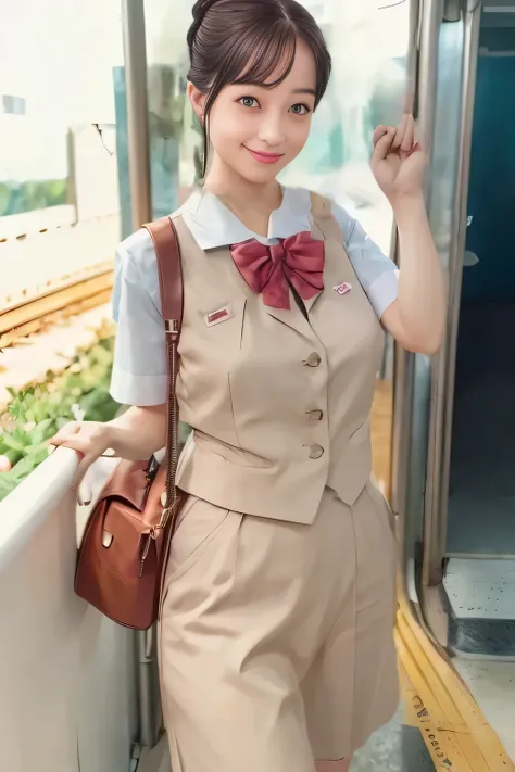 (masterpiece:1.2, Best Quality:1.2), 32K HDR, High resolution, (Alone、1 girl)、（On the roof of a building during the day、Professional Lighting）、Building rooftop background、（Real style of JR Woman wearing train crew uniform beige）、（（JR Female Train Crew Unif...