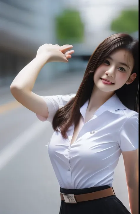 Thai university uniform, black plain tight slit mini skirt, slim and perfect figure, ((big breasts:1.2)), emphasize on breasts and hip and bottoms and thigh, rule of thirds, white plain between cap-sleeve and short-sleeve button shirt for woman, brown sued...