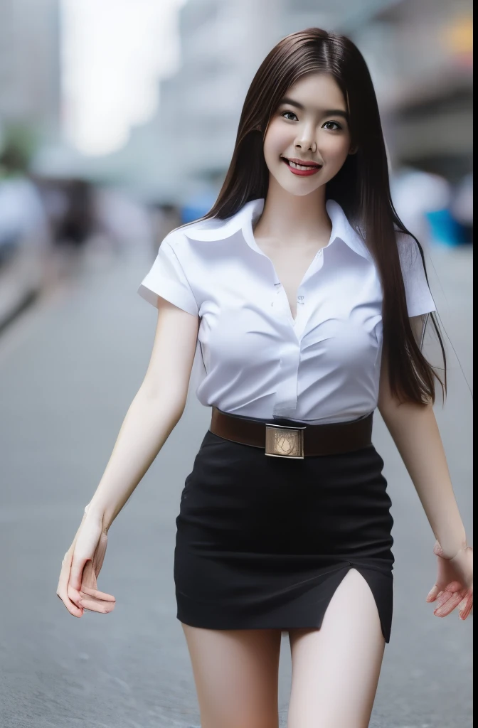 Thai university uniform, black plain tight slit mini skirt, slim and perfect figure, ((big breasts:1.2)), emphasize on breasts and hip and bottoms and thigh, rule of thirds, white plain between cap-sleeve and short-sleeve button shirt for woman, brown sued...