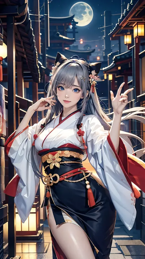 Draw a new depiction of an anime girl with a perfect hourglass figure, gray hair, And the brown skin of Japanese people, Express yourself in a different and unique way, dynamic pose. she is wearing a kimono, Elegantly designed to highlight her curves and g...