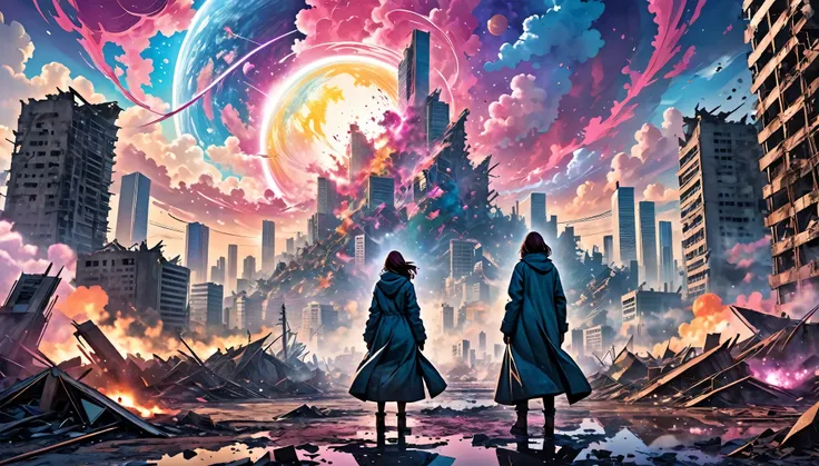 Digital artwork depicting a post-apocalyptic cityscape. The layout features a central figure standing amidst the ruins of a city, with tall, damaged skyscrapers on either side. The figure is silhouetted, wearing a long coat, and facing away from the viewer...