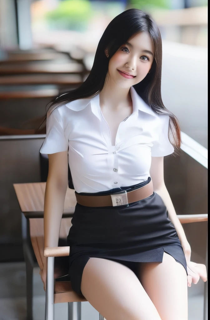 Thai university uniform, black plain tight slit mini skirt, slim and perfect figure, ((big breasts:1.2)), emphasize on breasts and hip and bottoms and thigh, rule of thirds, white plain between cap-sleeve and short-sleeve button shirt for woman, brown sued...