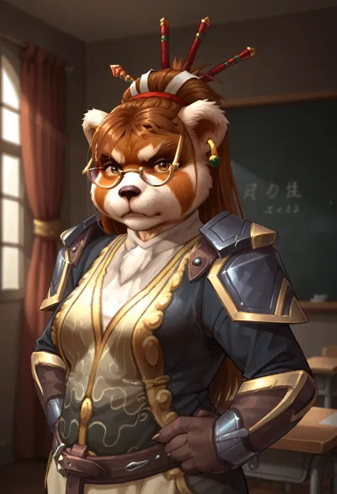 score_9, score_8_up, score_7_up, score_6_up, score_5_up, score_4_up, 1girl, solo, breasts, furry, animal ears, brown hair, brown eyes, armor, earrings, jewelry, hair ornament, glasses, hair stick, shoulder armor, standing, upper body, annoyed, looking at v...