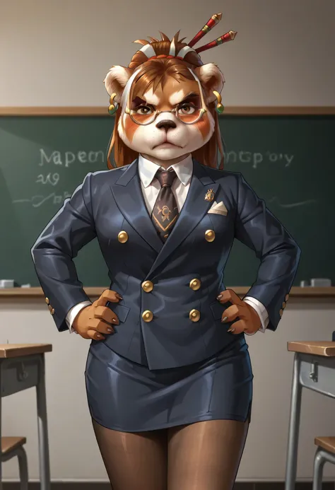 score_9, score_8_up, score_7_up, score_6_up, score_5_up, score_4_up, 1girl, solo, breasts, furry, animal ears, brown hair, brown eyes, earrings, jewelry, hair ornament, glasses, hair stick, double-breasted suits, 1girl, solo, formal, jewelry, suit, necktie...