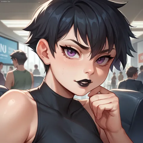 a female tomboy college student in black attire, black hair, and black lipstick looks at you with her purple eyes. you are inside a convention center.