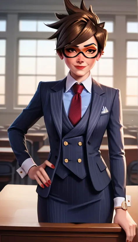 score_9, score_8_up, score_7_up, score_6_up, source_anime,  three-piece suit, tracer, 1girl, solo, brown hair, short hair, freckles, smile, pretty, formal, jewelry, navy pinstripe suit, red silk necktie, earrings, jacket, shirt, standing, hand on hip, wind...