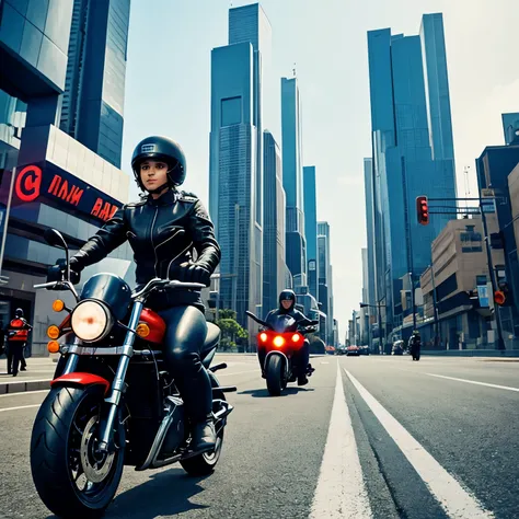 a cute girl dressed in leather riding a motorbike and being chased by the police in a futuristic city