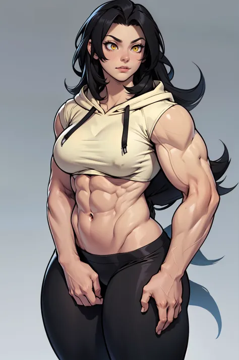 extremely long hair perfect anatomy 1 girl tall solo curvy ((muscular)) hoodie pale skin toned body black hair yellow eyes leggings cowboy shot perfect female anatomy breasts