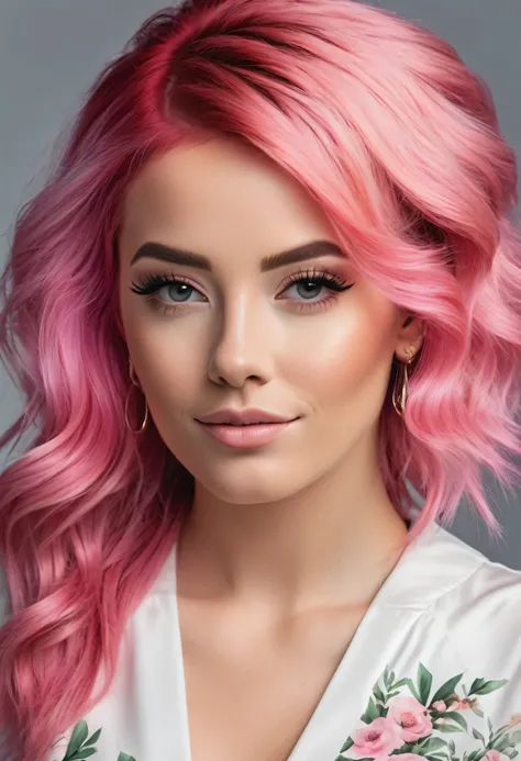 woman influencer photo realistic quality with pink hair and nice bussoms