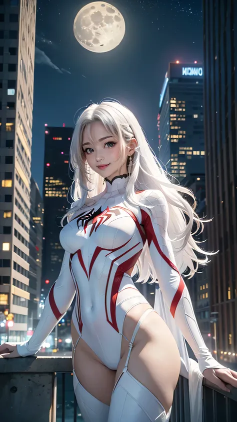 (masterpiece, 4K resolution, Surrealism, Very detailed), (white super hero theme, attractive, There was a girl in town, Wearing a spiderman costume, Shes a superhero), [ ((25 years), (long white hair:1.2), whole body, (blue eyes:1.2), ((chivalrous posture)...