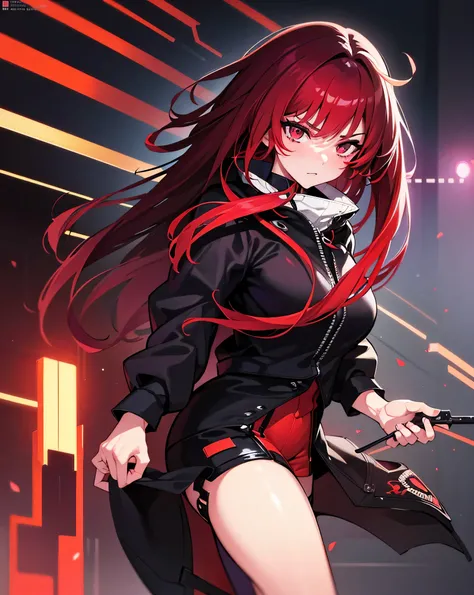 Magnificent, une fille, manga, agressive, regard hypnotisant, Magnificent, cyberpunk dressed, sexy, badass, powerful, epic, firey, aesthetic, red and black colors