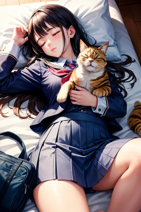 Beautiful schoolgirl in uniform holding a sleeping cat with eyes closed From below