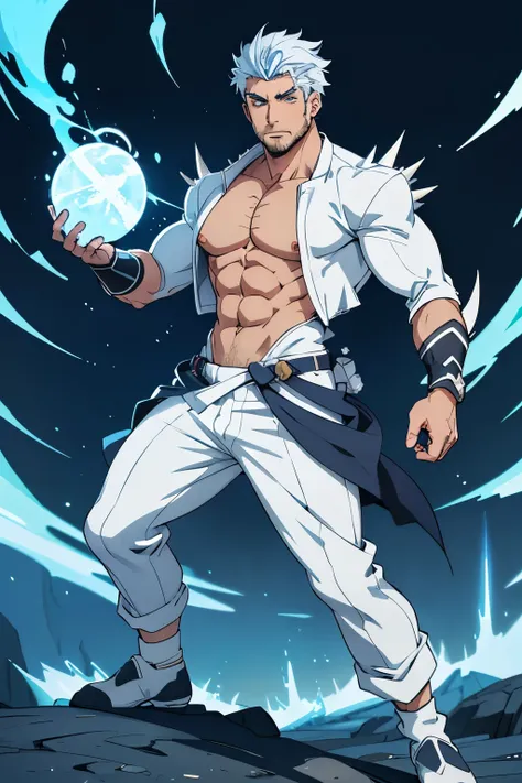 1guy, attractive male ((anime)) character, ice powers, in the tundra, white spiked hair, tight boxer breifs, huge bulg in underwear, no shirt, no pants, six-pack abs, looking at viewer, very athletic, high res, ultrasharp, 8k, masterpiece powered up, ((glo...