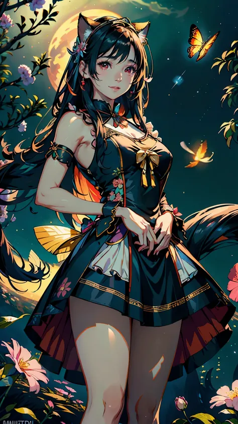 (highest quality, masterpiece, High resolution)、(anime art)、bright light、brown eyes、(Cat ear)、long hair、hair ornaments、choker、Cute face details、enchanting smile、small breasts、whole body、((sakura tropical background))、 black red dress outfit,  black red out...