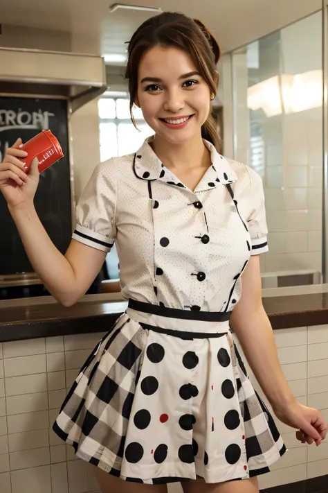 cute woman, wearing diner waitress outfit, dress is spotty, short skirt, smiling