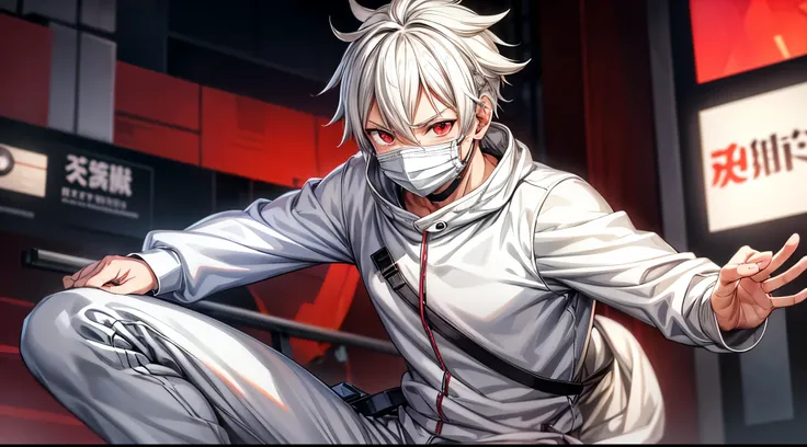 MASCULINE, Young, vtuber style, Boruto-like white hair, all white sweatshirt, gray pants, vibrant dark red eyes, using mask, pandemic, middle of tokyo