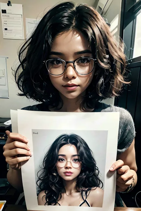 See the hand of a black African man drawing a portrait of a woman on paper GLASSES AND SHOULDER-LENGTH CURLY HAIR with a hyper-realistic and short finish ,in black and white on a white A3 paper; the drawing IS on a black table with table light.