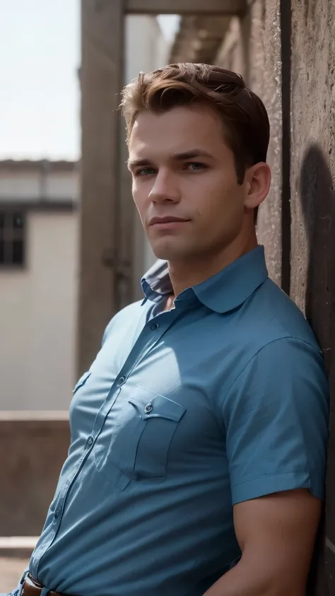 A professional portrait of a man with military brown hair. He is dressed in casual business attire, with a blue shirt, reminiscent of the style of the 1970s. The nature colored image has a nostalgic and cheerful tone.